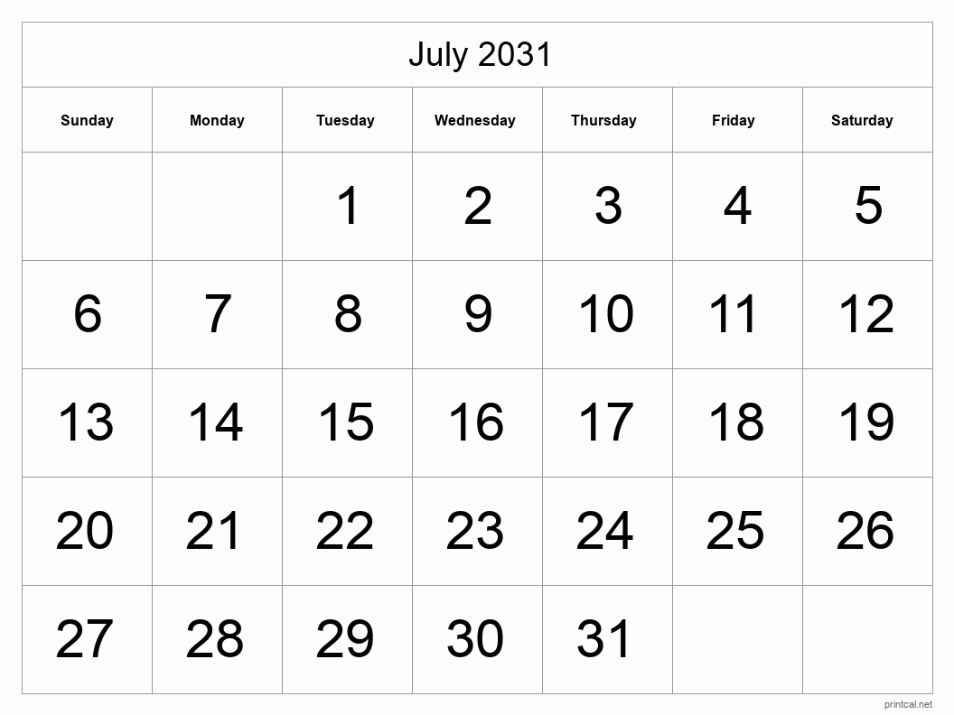 July 2031 Printable Calendar - Big Dates