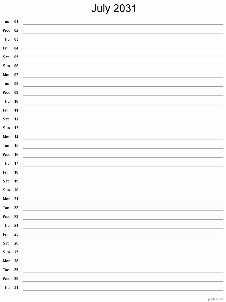 July 2031 Printable Calendar - Single Column Notesheet