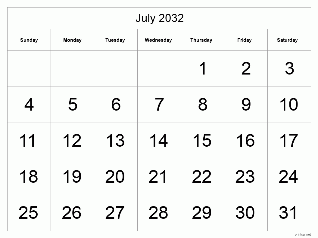 July 2032 Printable Calendar - Big Dates