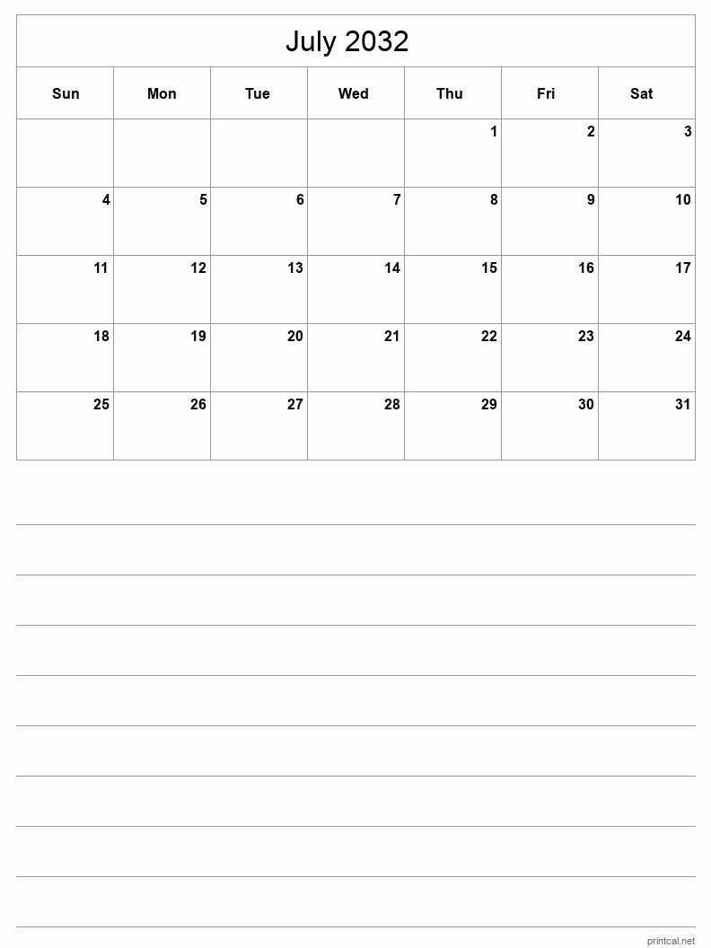July 2032 Printable Calendar - Half-Page With Notesheet