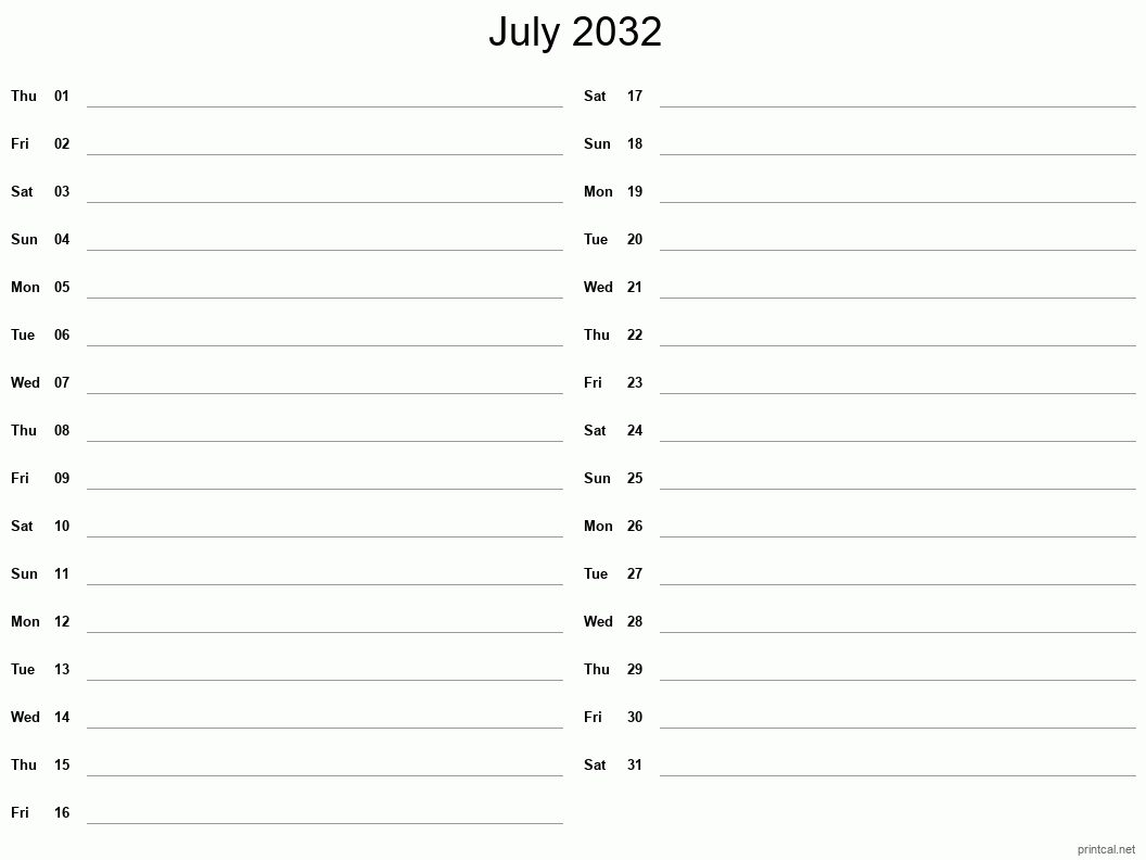 July 2032 Printable Calendar - Two Column Notesheet