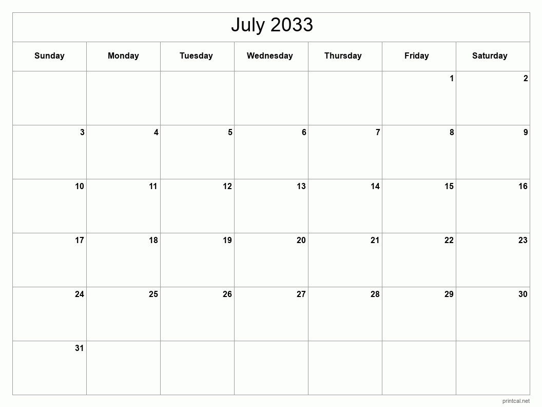 July 2033 Printable Calendar - Classic Blank Sheet