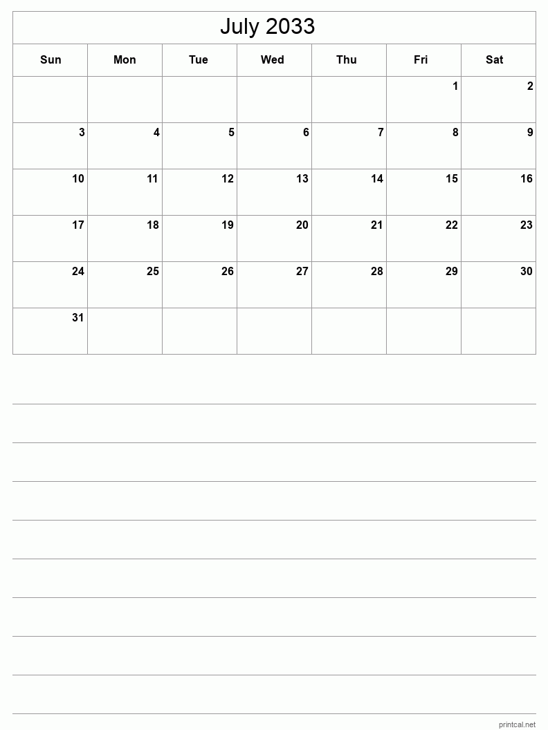 July 2033 Printable Calendar - Half-Page With Notesheet