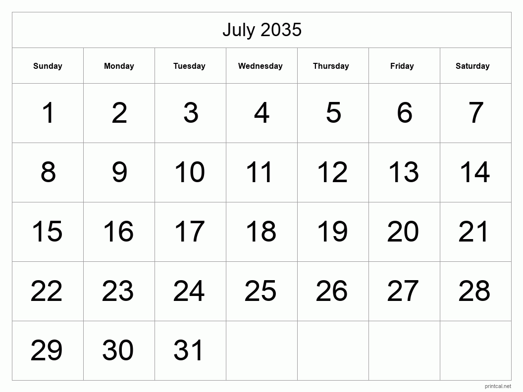 July 2035 Printable Calendar - Big Dates