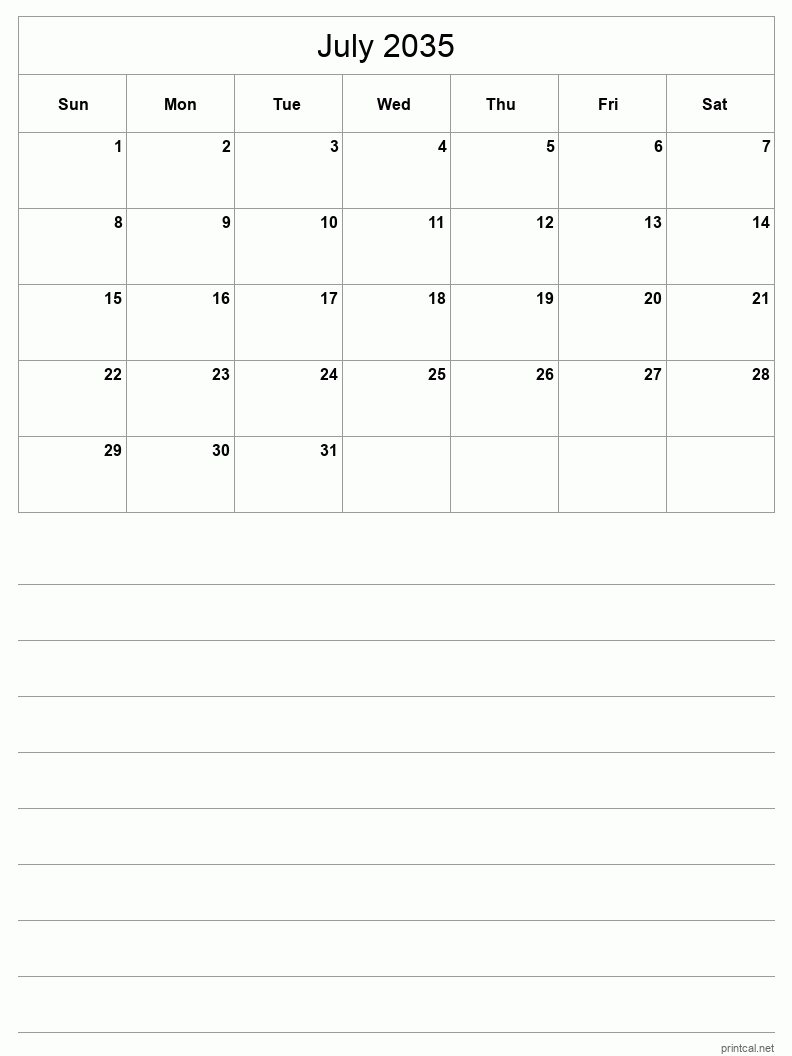 July 2035 Printable Calendar - Half-Page With Notesheet