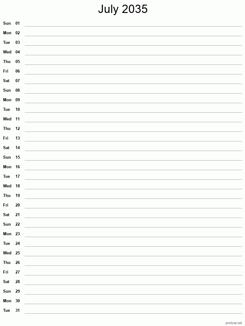 July 2035 Printable Calendar - Single Column Notesheet