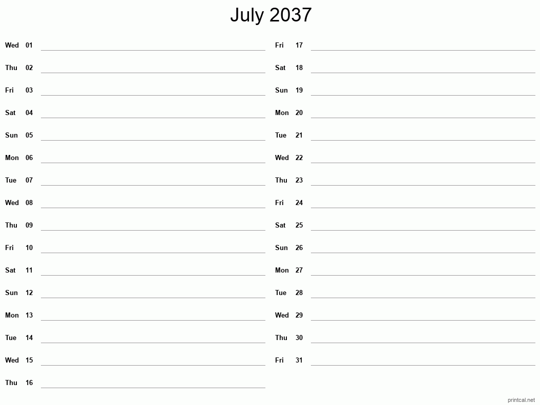 July 2037 Printable Calendar - Two Column Notesheet