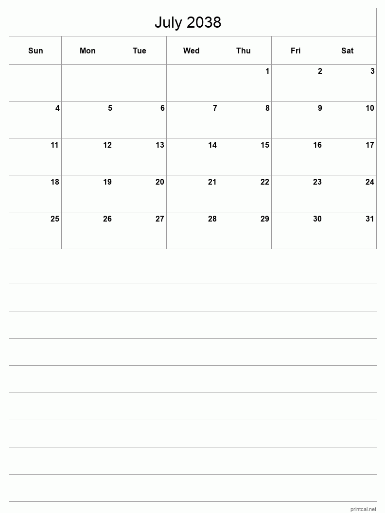 July 2038 Printable Calendar - Half-Page With Notesheet