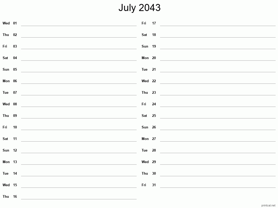 July 2043 Printable Calendar - Two Column Notesheet