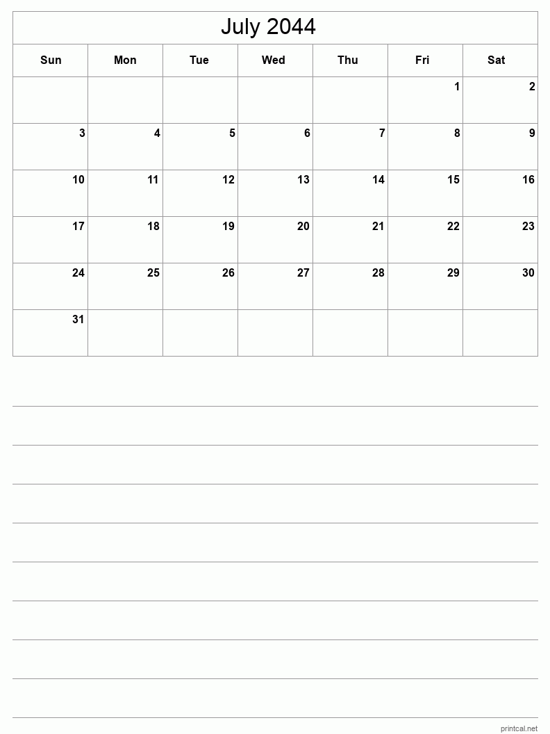 July 2044 Printable Calendar - Half-Page With Notesheet