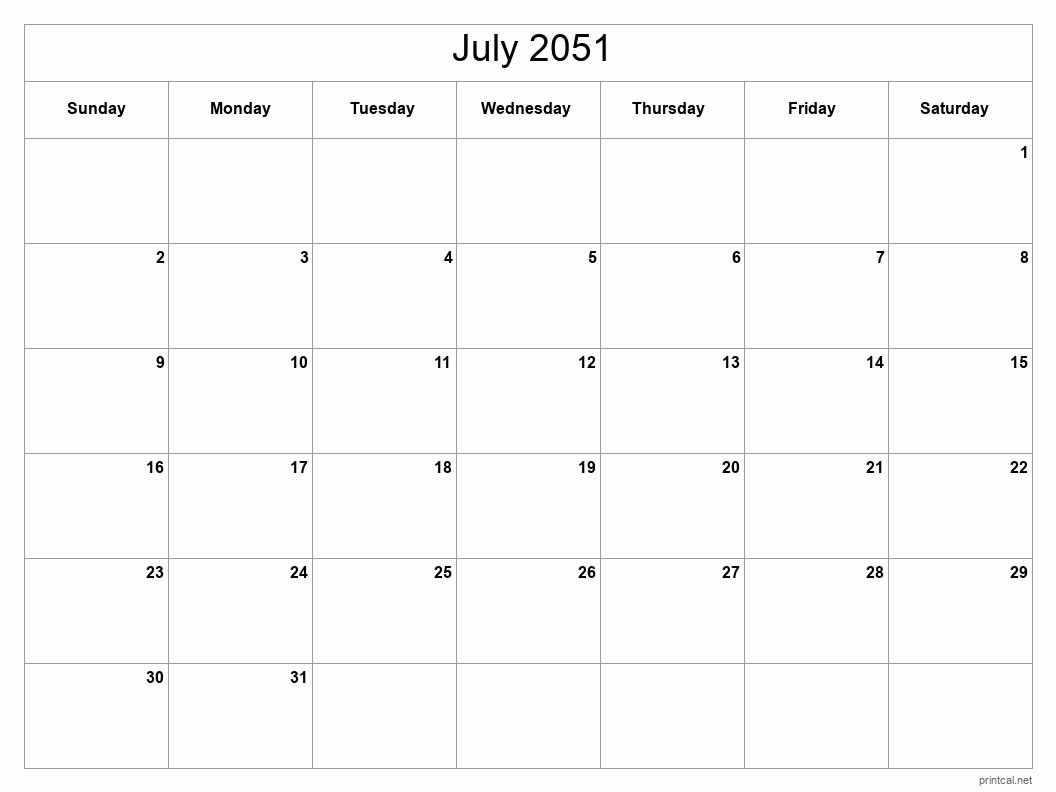 July 2051 Printable Calendar - Classic Blank Sheet