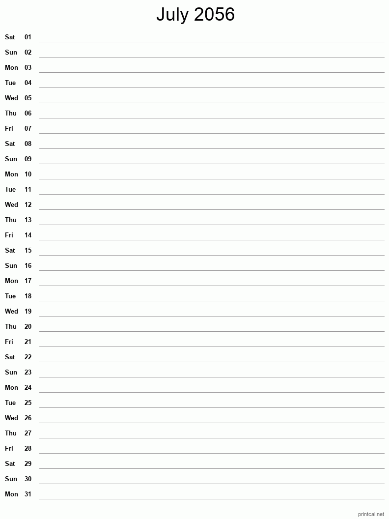 July 2056 Printable Calendar - Single Column Notesheet