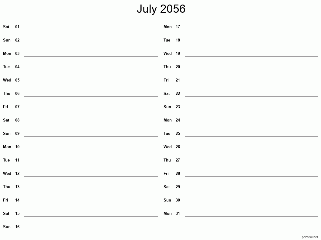 July 2056 Printable Calendar - Two Column Notesheet