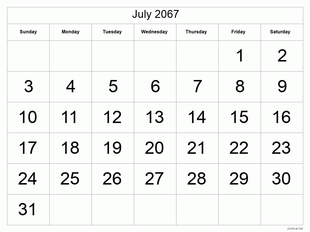 July 2067 Printable Calendar - Big Dates