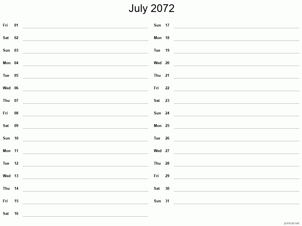 July 2072 Printable Calendar - Two Column Notesheet