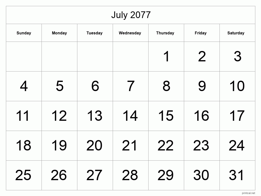 July 2077 Printable Calendar - Big Dates