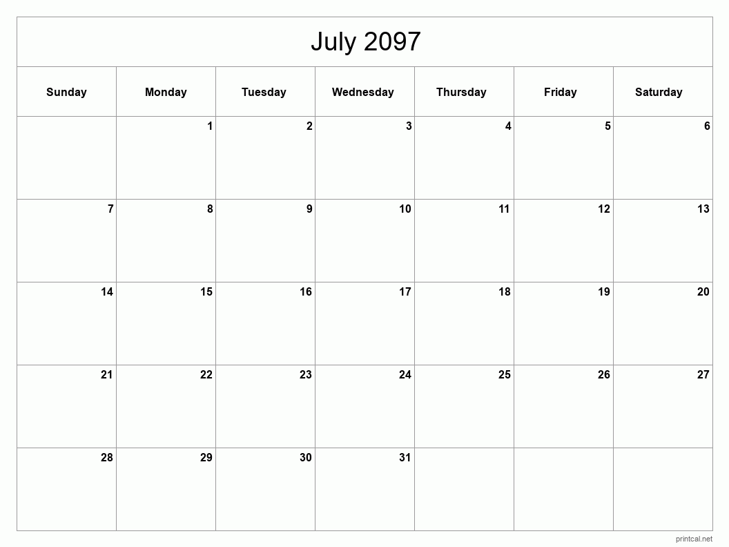 July 2097 Printable Calendar - Classic Blank Sheet