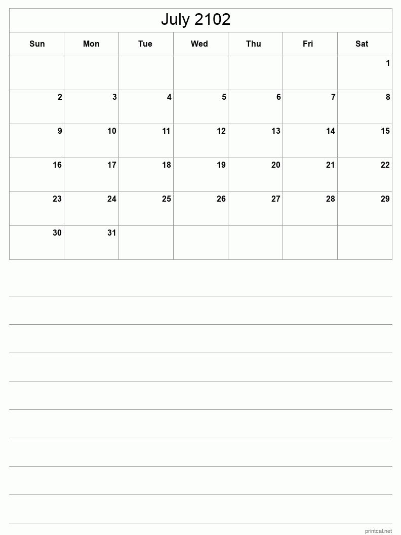 July 2102 Printable Calendar - Half-Page With Notesheet