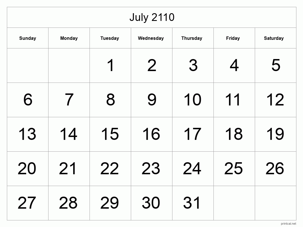 July 2110 Printable Calendar - Big Dates