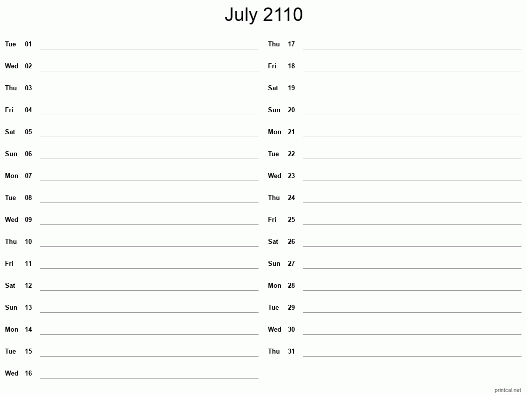 July 2110 Printable Calendar - Two Column Notesheet