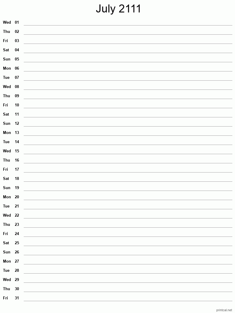 July 2111 Printable Calendar - Single Column Notesheet