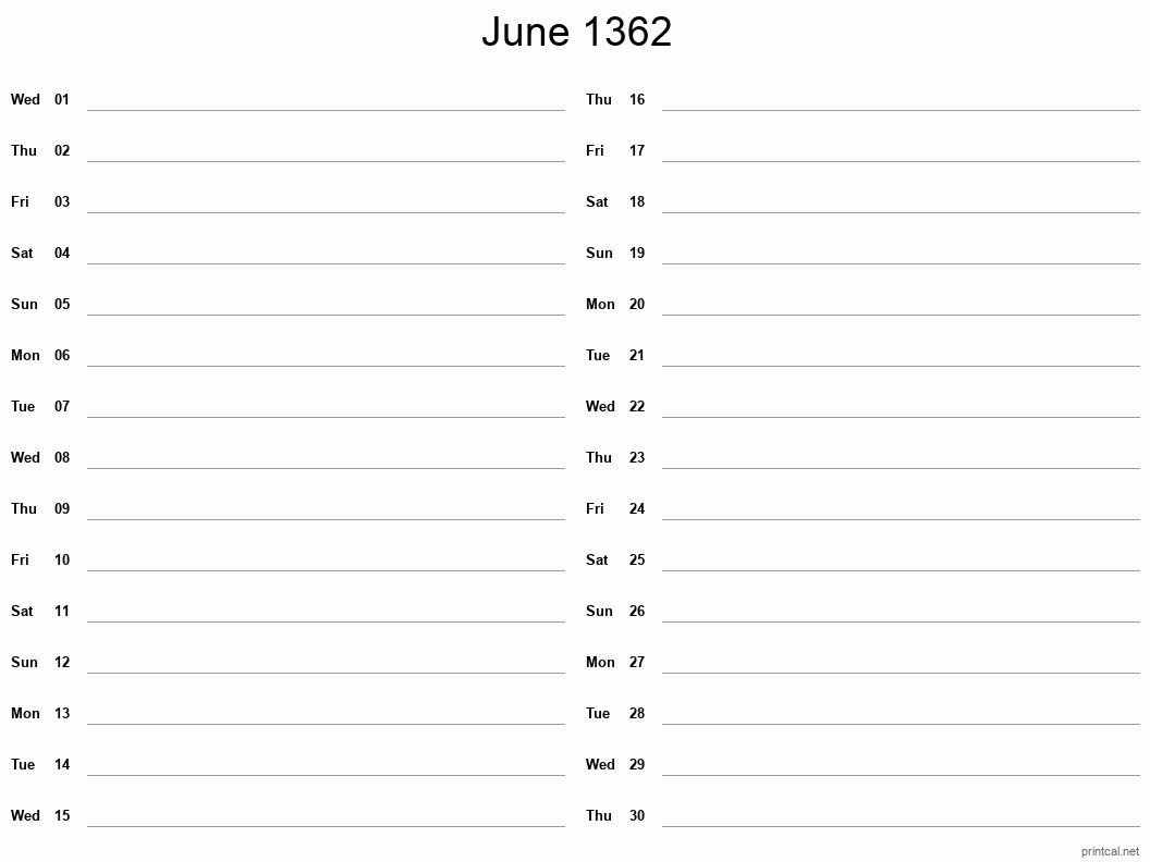 June 1362 Printable Calendar - Two Column Notesheet