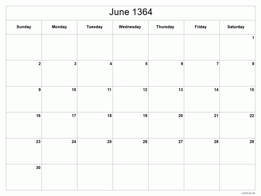 June 1364 Printable Calendar - Classic Blank Sheet