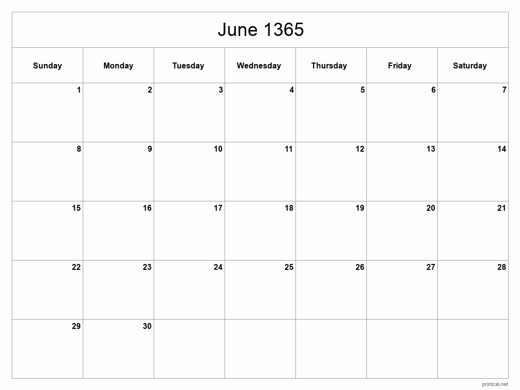 June 1365 Printable Calendar - Classic Blank Sheet