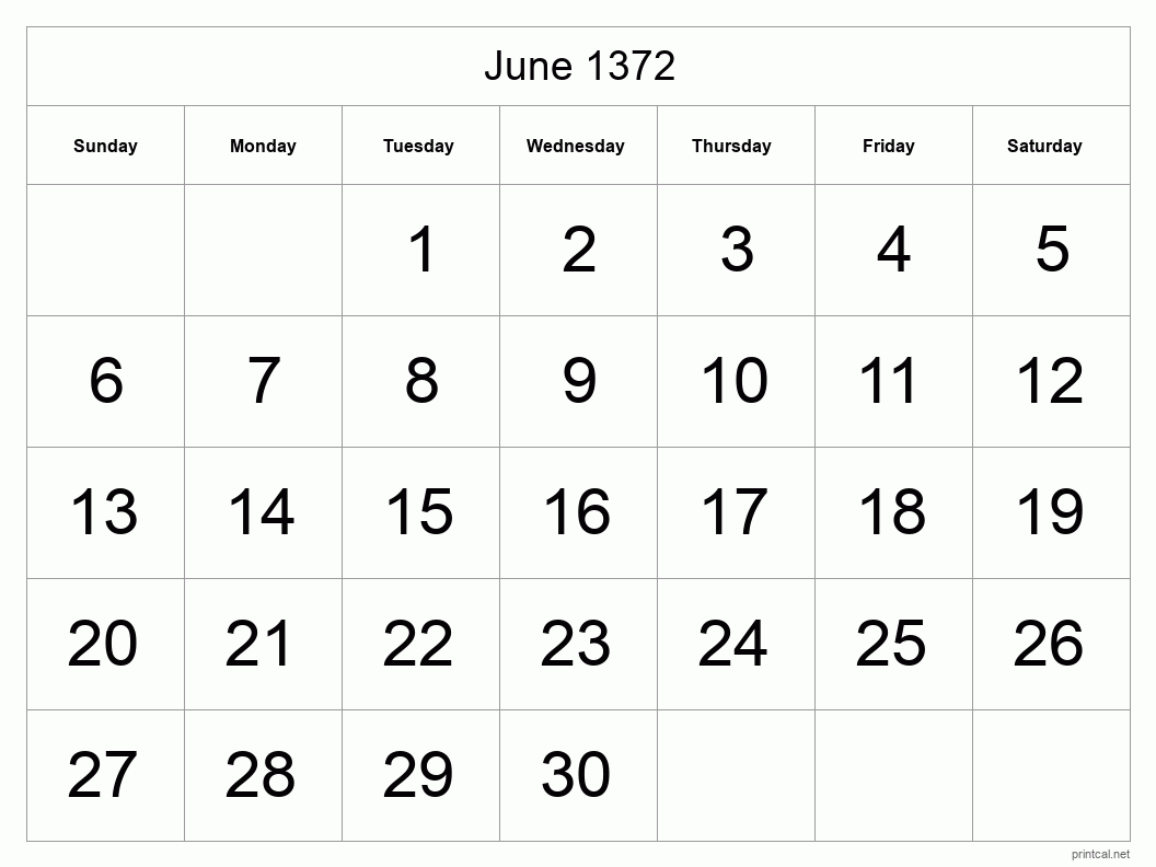 June 1372 Printable Calendar - Big Dates