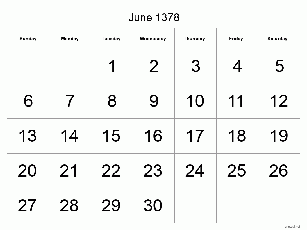 June 1378 Printable Calendar - Big Dates