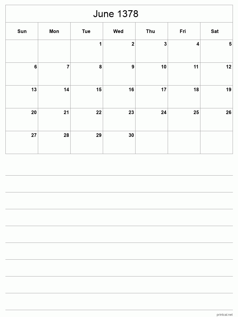 June 1378 Printable Calendar - Half-Page With Notesheet