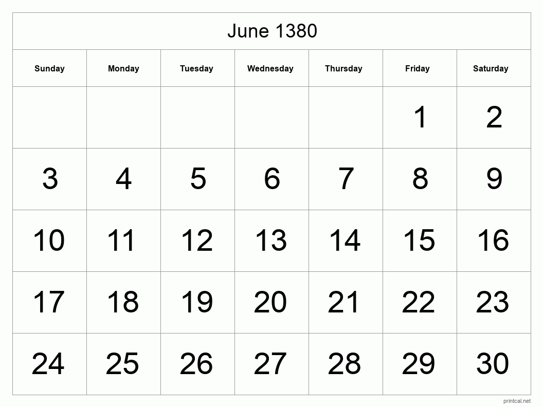 June 1380 Printable Calendar - Big Dates