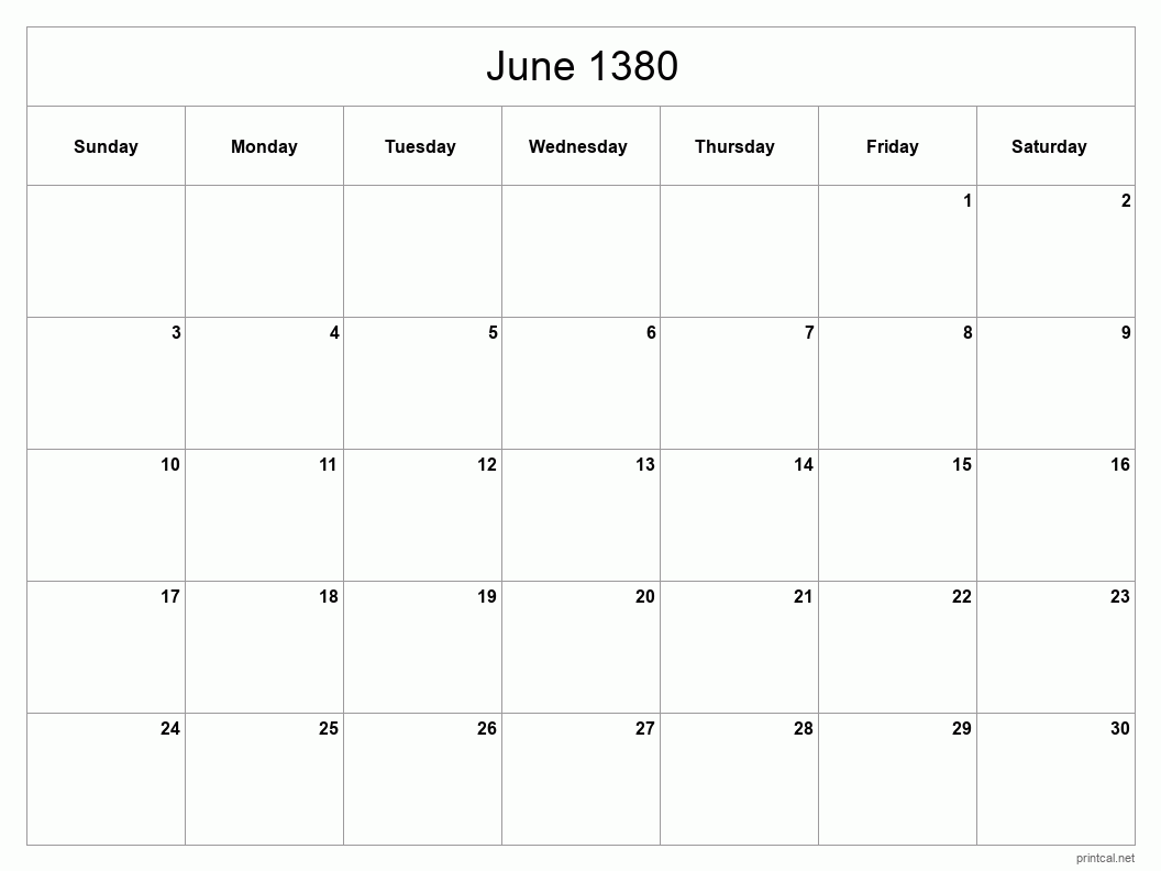 June 1380 Printable Calendar - Classic Blank Sheet