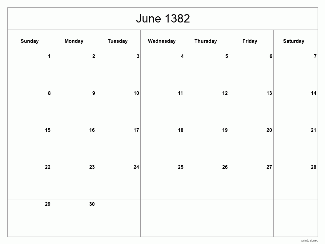 June 1382 Printable Calendar - Classic Blank Sheet