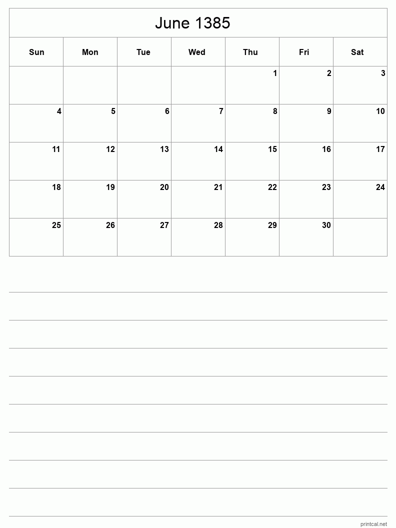 June 1385 Printable Calendar - Half-Page With Notesheet