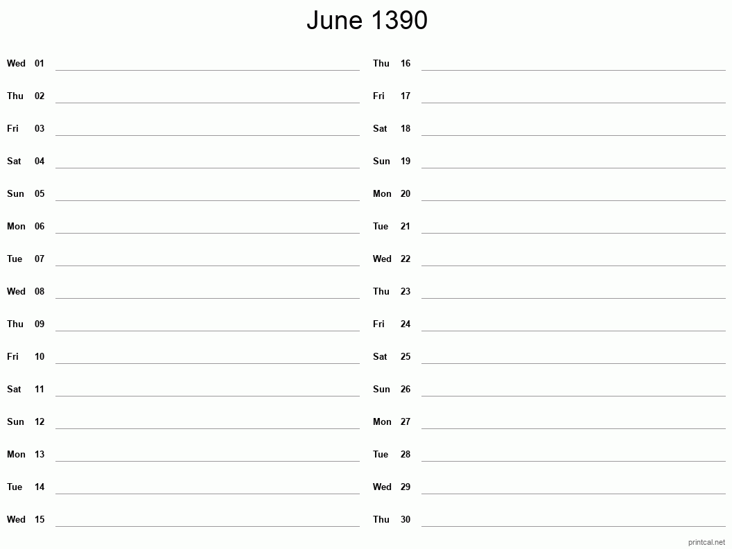 June 1390 Printable Calendar - Two Column Notesheet