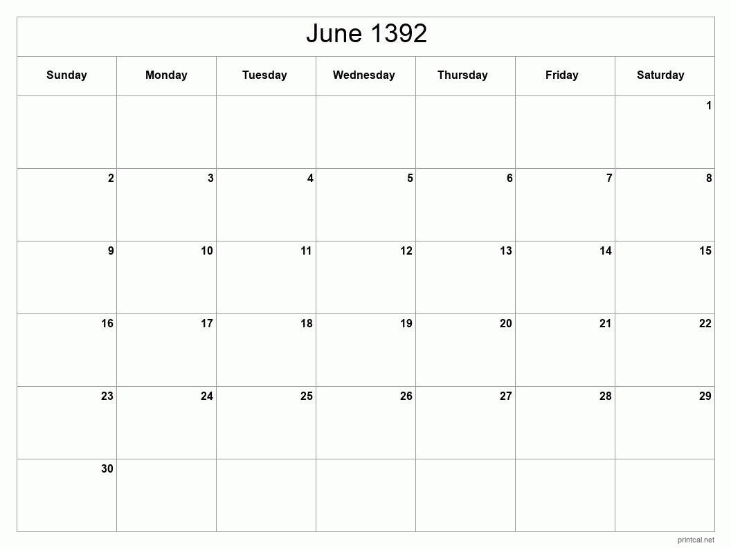 June 1392 Printable Calendar - Classic Blank Sheet