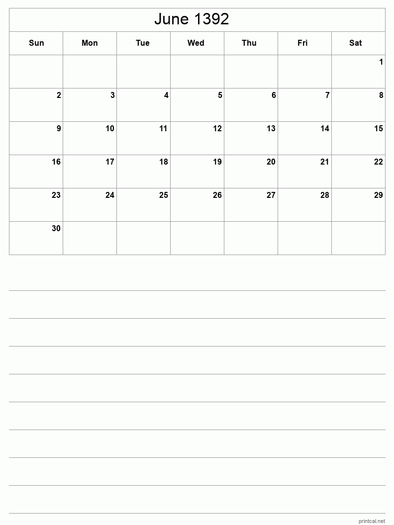 June 1392 Printable Calendar - Half-Page With Notesheet
