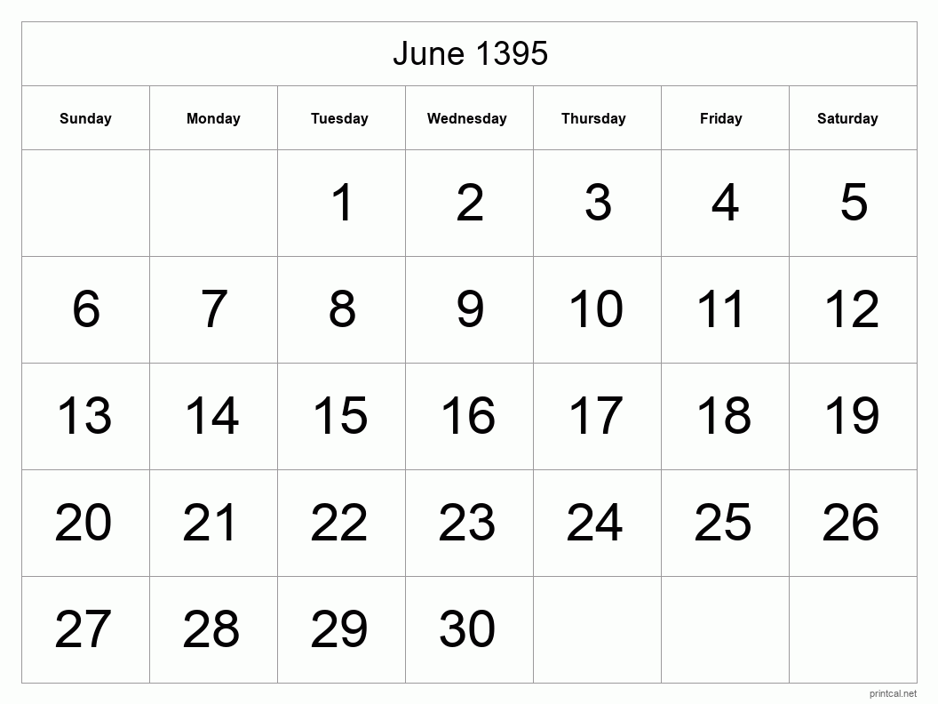 June 1395 Printable Calendar - Big Dates