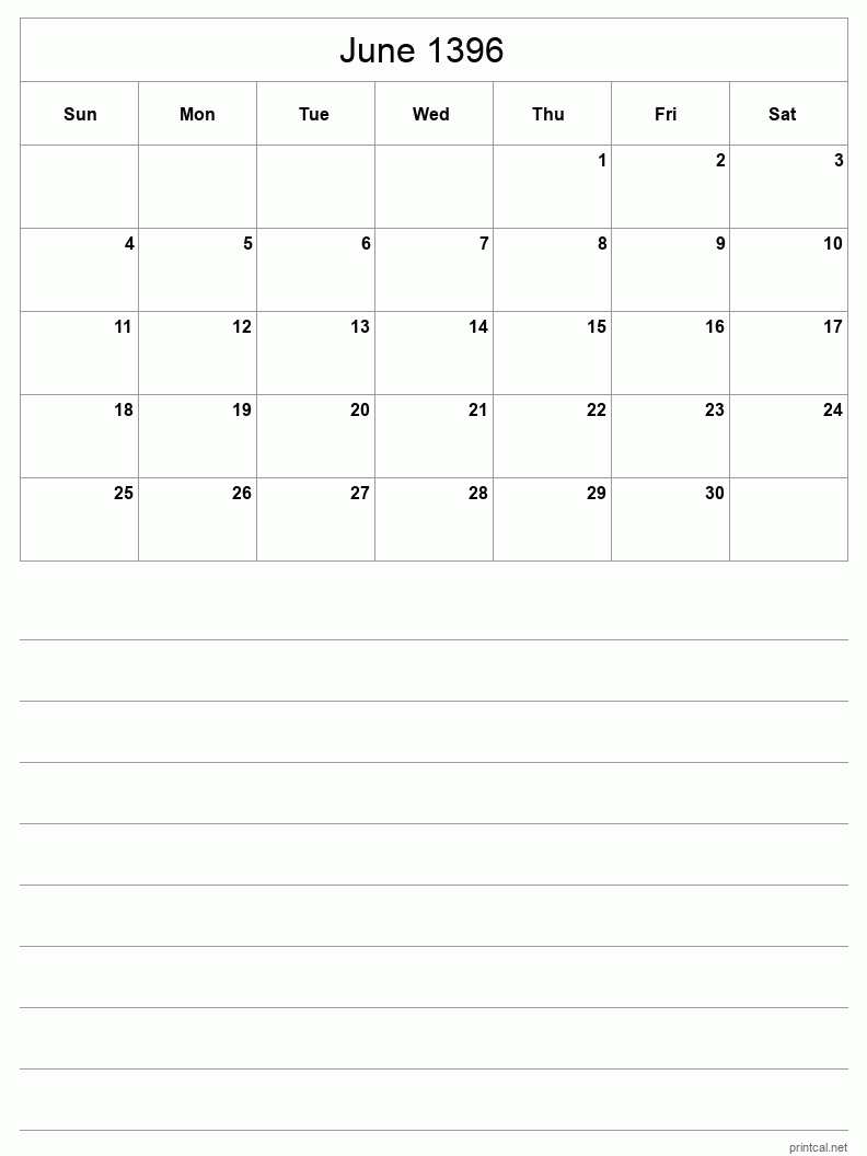 June 1396 Printable Calendar - Half-Page With Notesheet