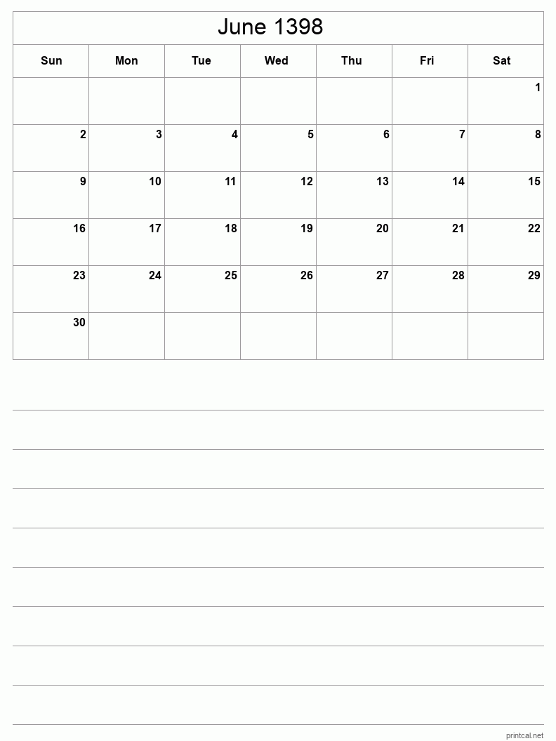June 1398 Printable Calendar - Half-Page With Notesheet