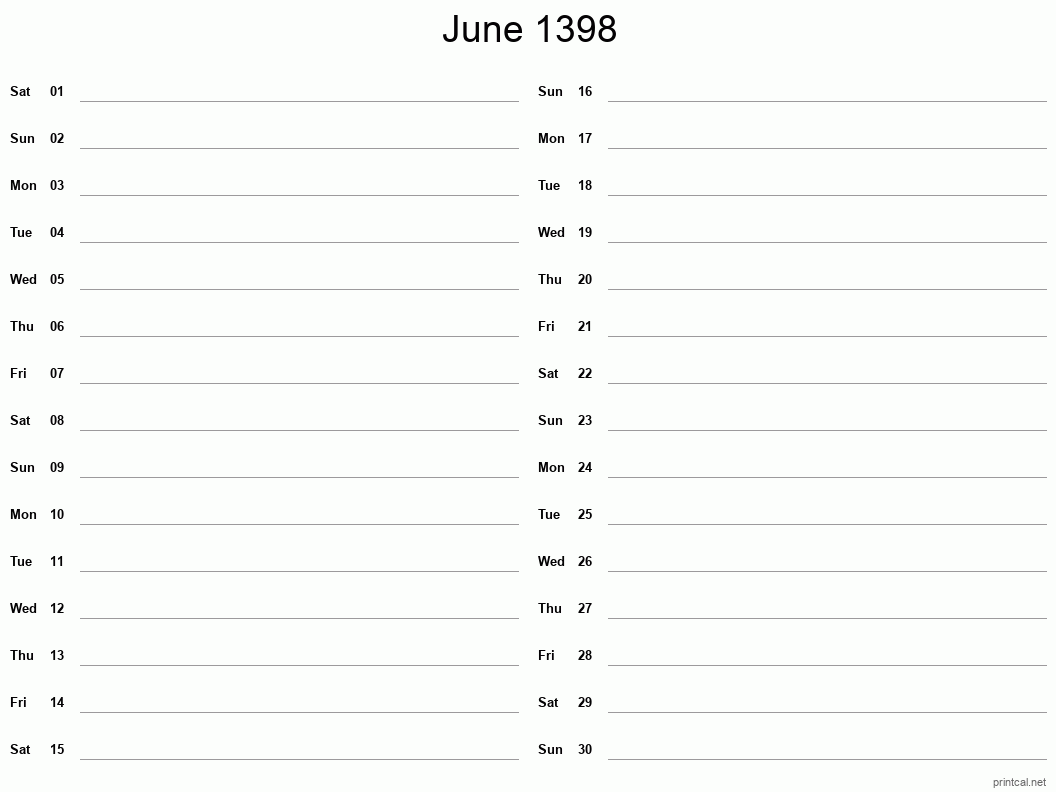 June 1398 Printable Calendar - Two Column Notesheet
