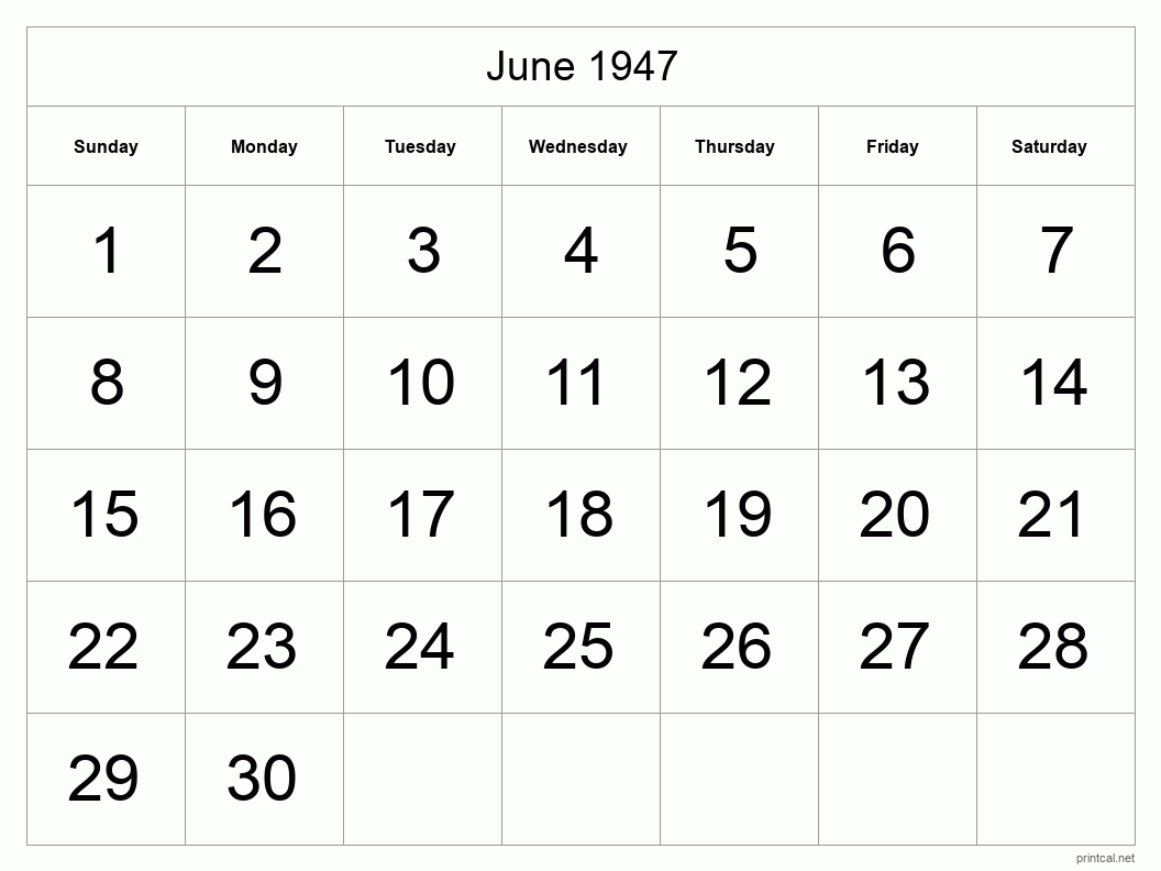 June 1947 Printable Calendar - Big Dates