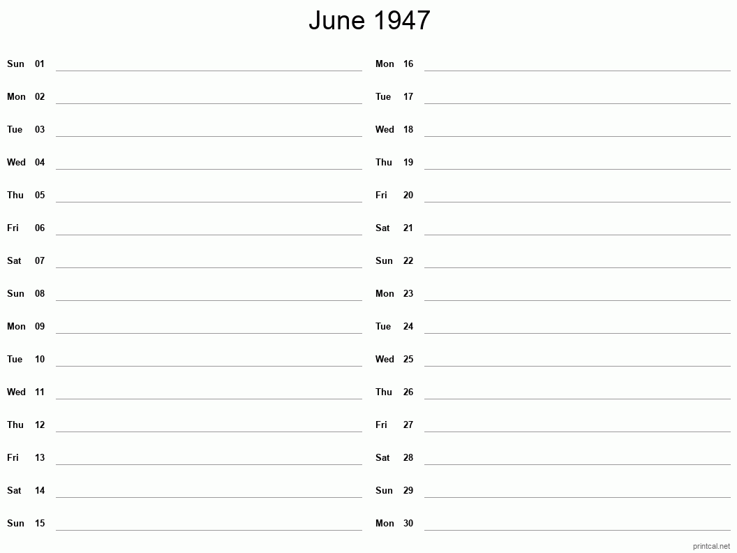 June 1947 Printable Calendar - Two Column Notesheet