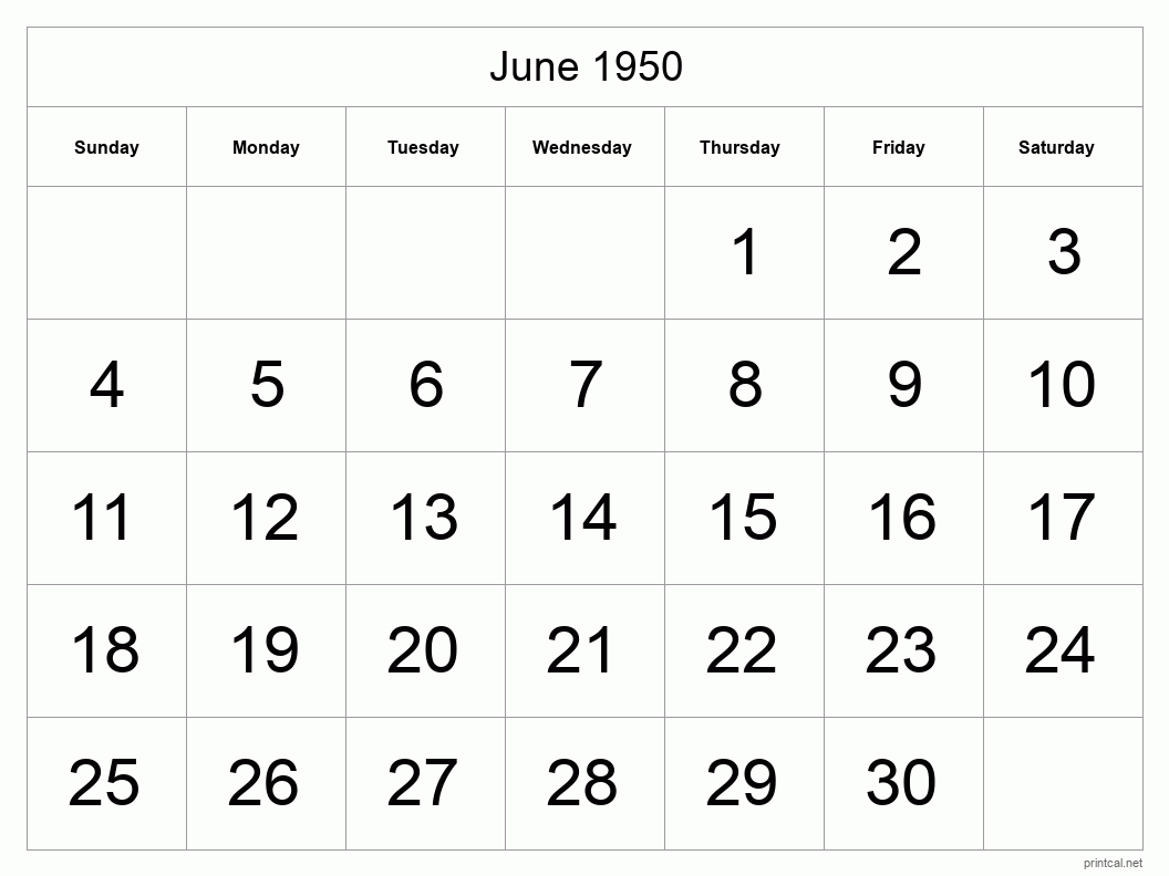 June 1950 Printable Calendar - Big Dates