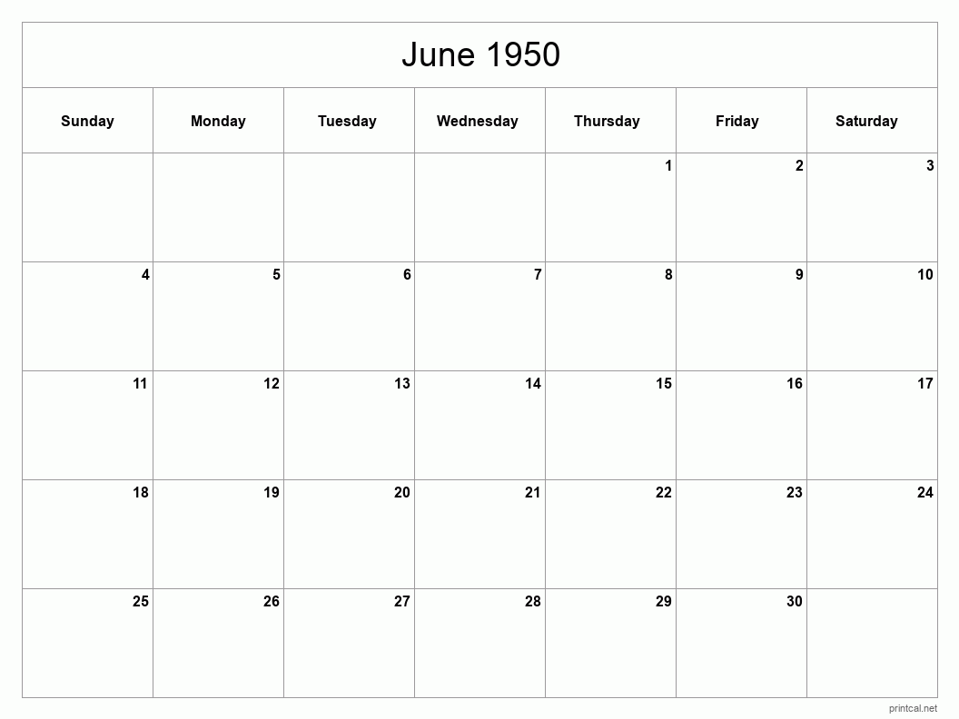 June 1950 Printable Calendar - Classic Blank Sheet