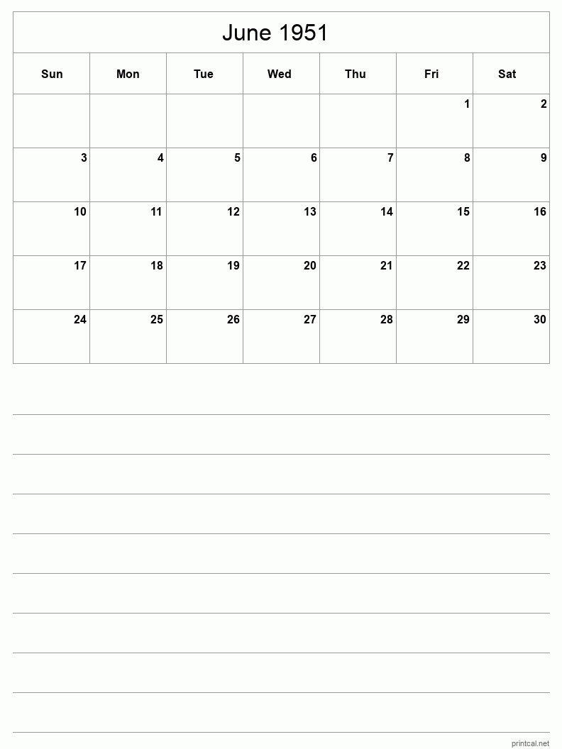 June 1951 Printable Calendar - Half-Page With Notesheet