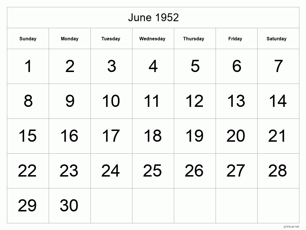 June 1952 Printable Calendar - Big Dates