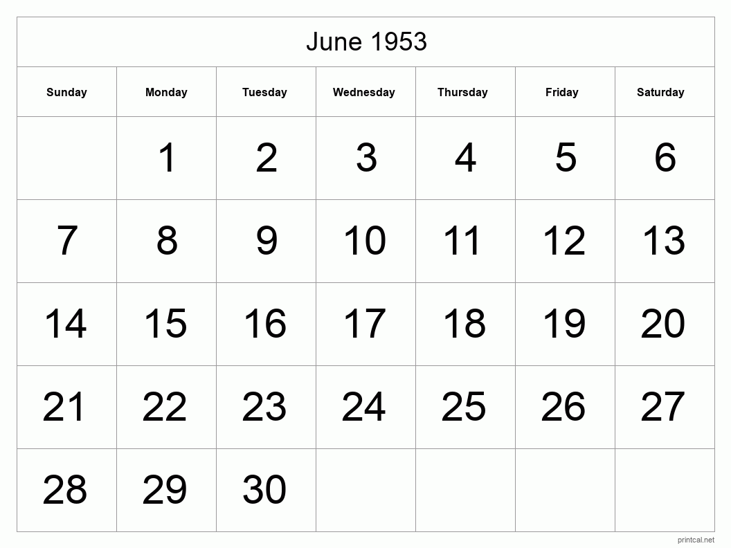 June 1953 Printable Calendar - Big Dates