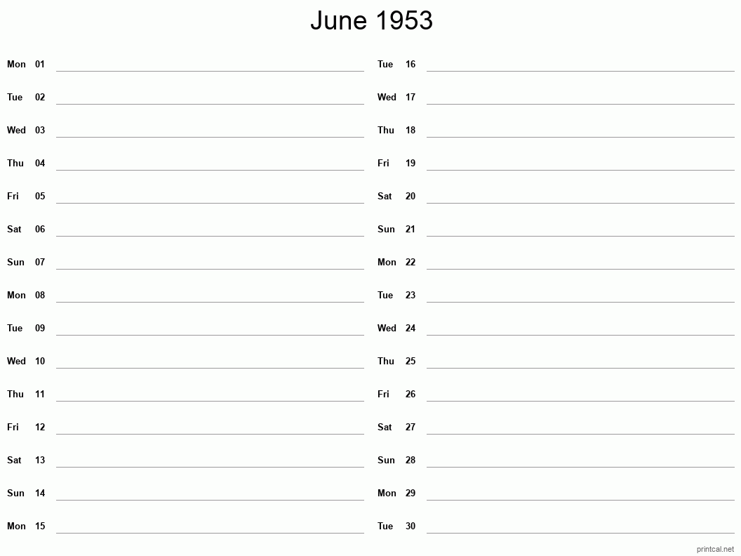 June 1953 Printable Calendar - Two Column Notesheet